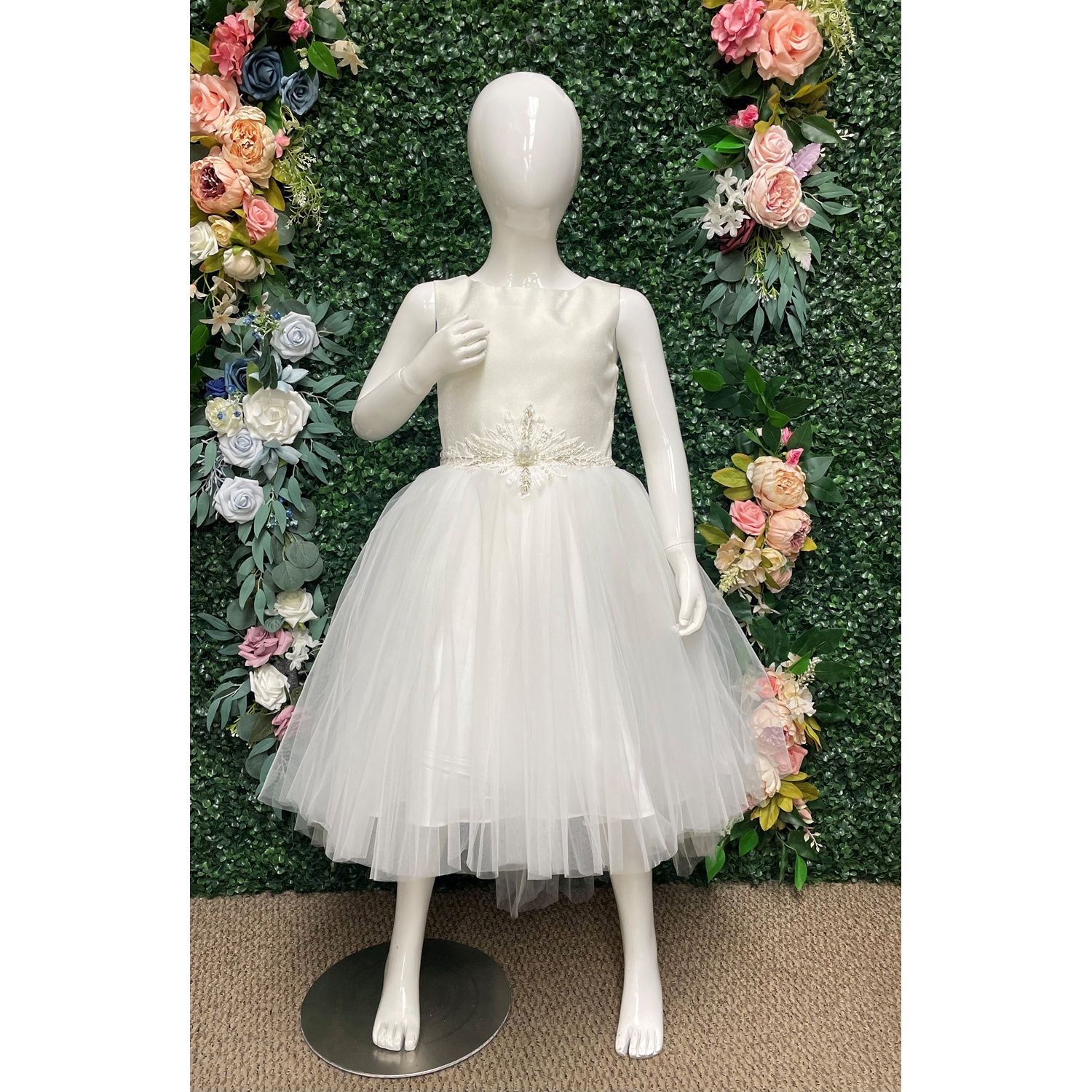 WHITE DRESS  TULLE HIGH LOW LACE FLOWER APPLIQUE PEARL TRIM/ 3614