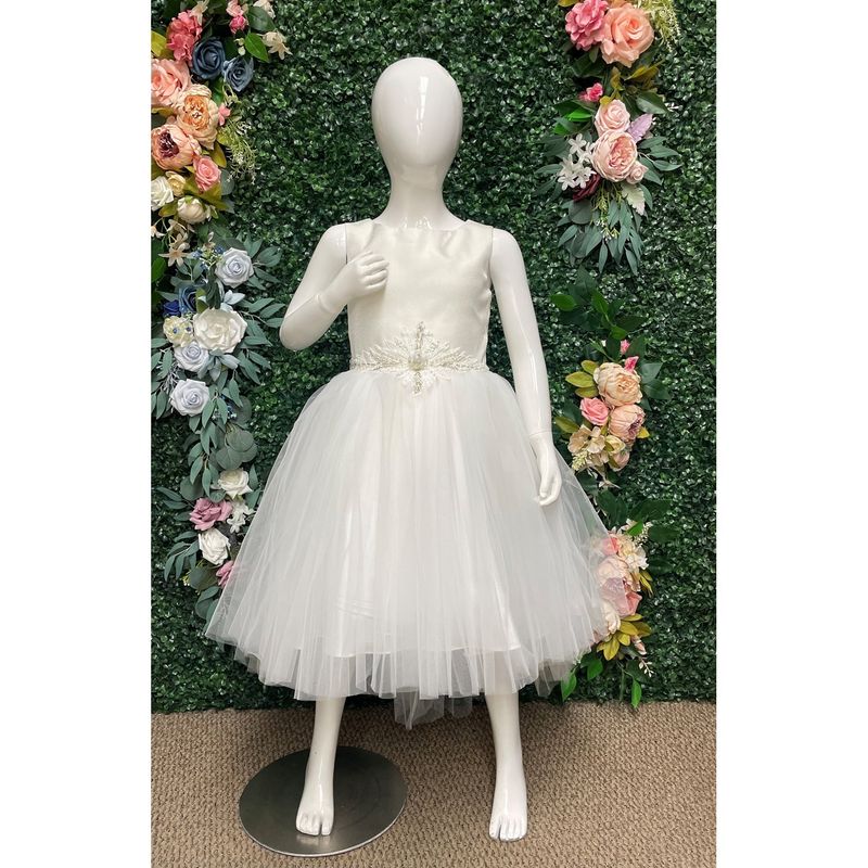 WHITE DRESS  TULLE HIGH LOW LACE FLOWER APPLIQUE PEARL TRIM/ 3614
