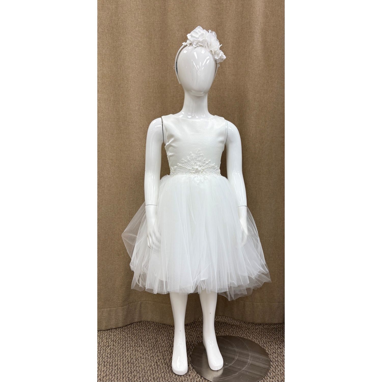 WHITE DRESS  TULLE HIGH LOW LACE FLOWER APPLIQUE PEARL TRIM/ 3614