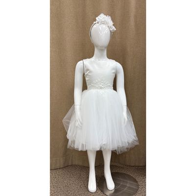 WHITE DRESS  TULLE HIGH LOW LACE FLOWER APPLIQUE PEARL TRIM/ 3614