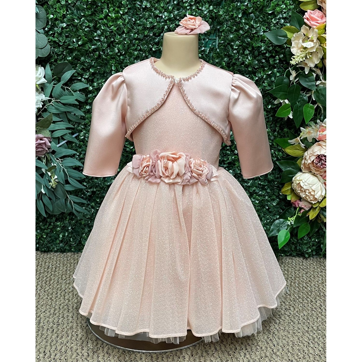 3PC PINK TULLE DRESS SATIN JACKET & HAIRCLIP SPARKLY ROSES APPLIQUE / 4228