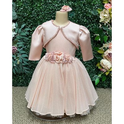 3PC PINK TULLE DRESS SATIN JACKET & HAIRCLIP SPARKLY ROSES APPLIQUE / 4228