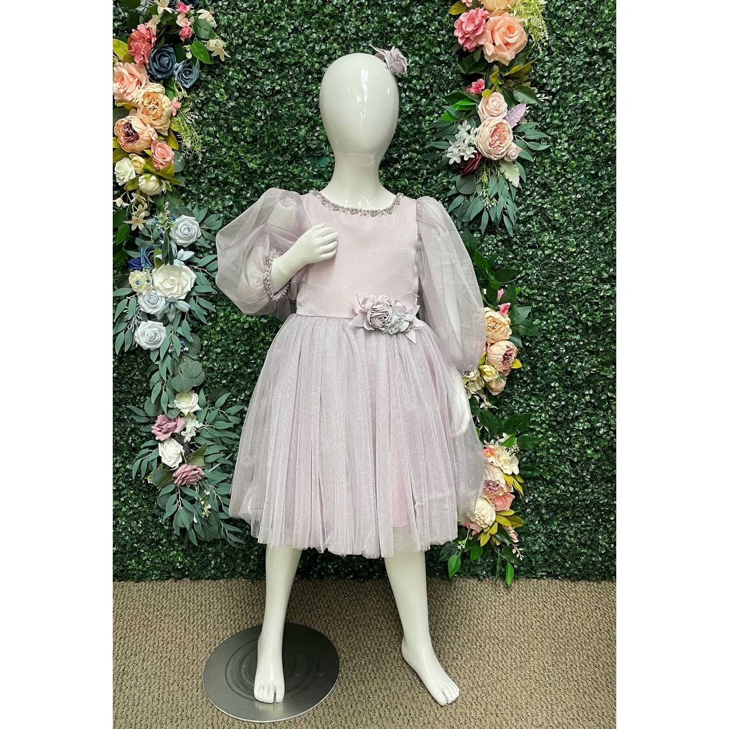 2PC LILAC TULLE DRESS & HAIRCLIP LONG SLEEVE PEARL TRIM / 4216
