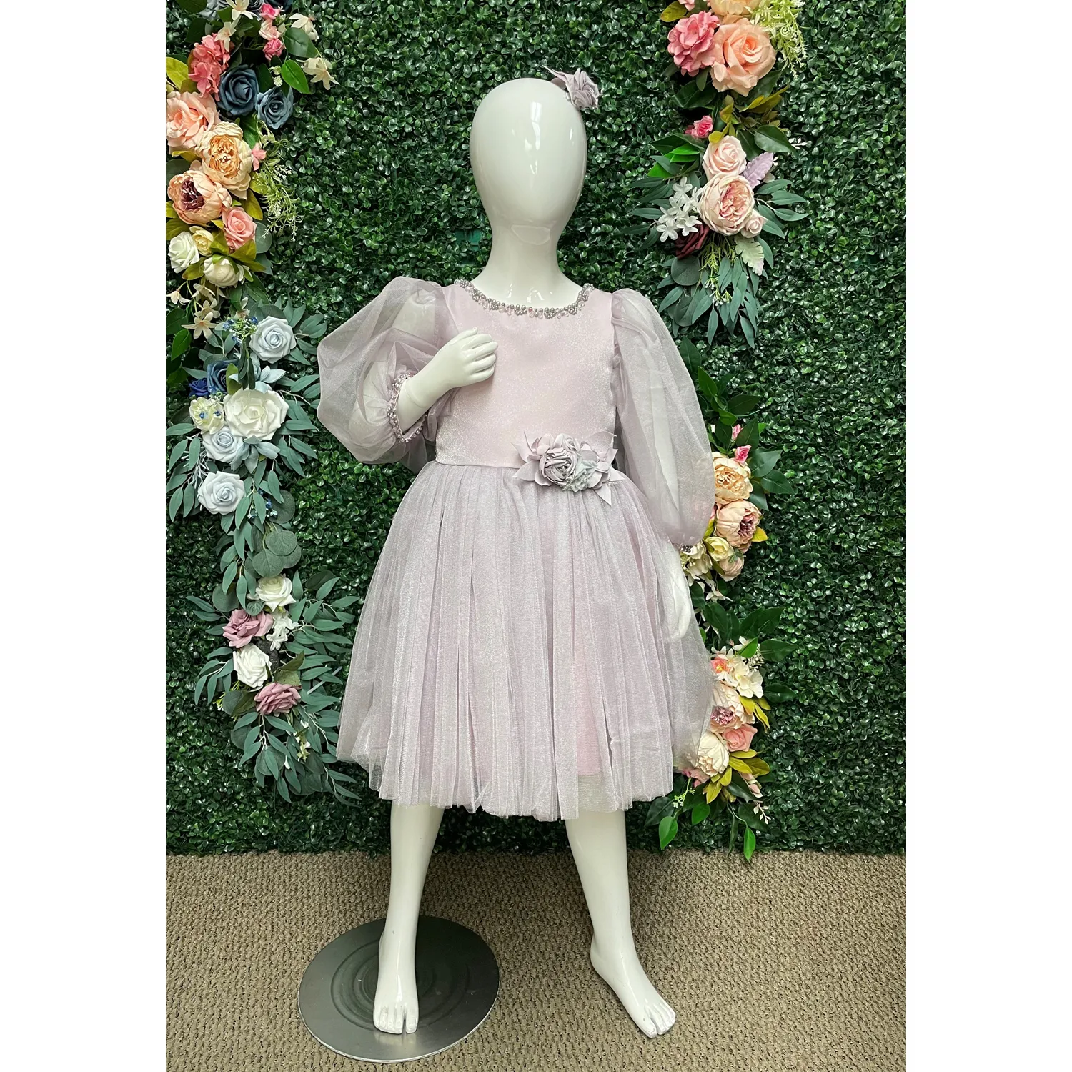 2PC LILAC TULLE DRESS   PEARL TRIM NECKLINE FLOWER APPLIQUE / 4216