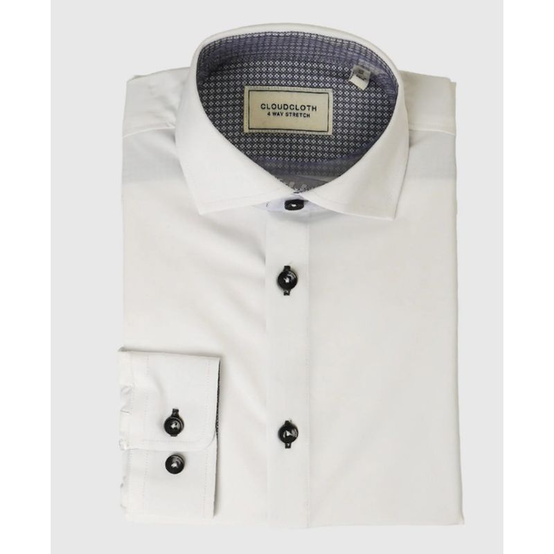WHITE SHIRT BLACK CONTRAST TRIM 4 WAY STRETCH CLOUDCLOTH / SH9801C1 WHITE SHIRT BLACK CONTRAST TRIM 4 WAY STRETCH CLOUDCLOTH / SH9801C1