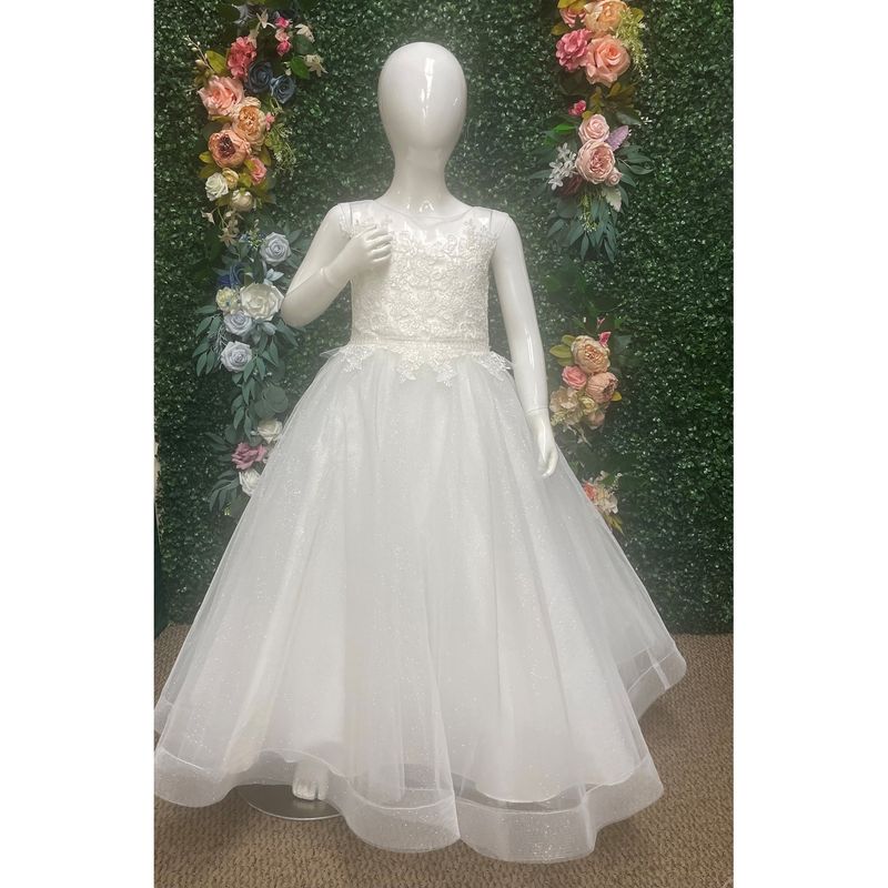 IVORY LACE TULLE DRESS ILLUSION NECKLINE LACE APPLIQUE HORSEHAIR TRIM SKIRT / 5850 IVORY LACE TULLE DRESS ILLUSION NECKLINE LACE APPLIQUE HORSEHAIR TRIM SKIRT / 5850