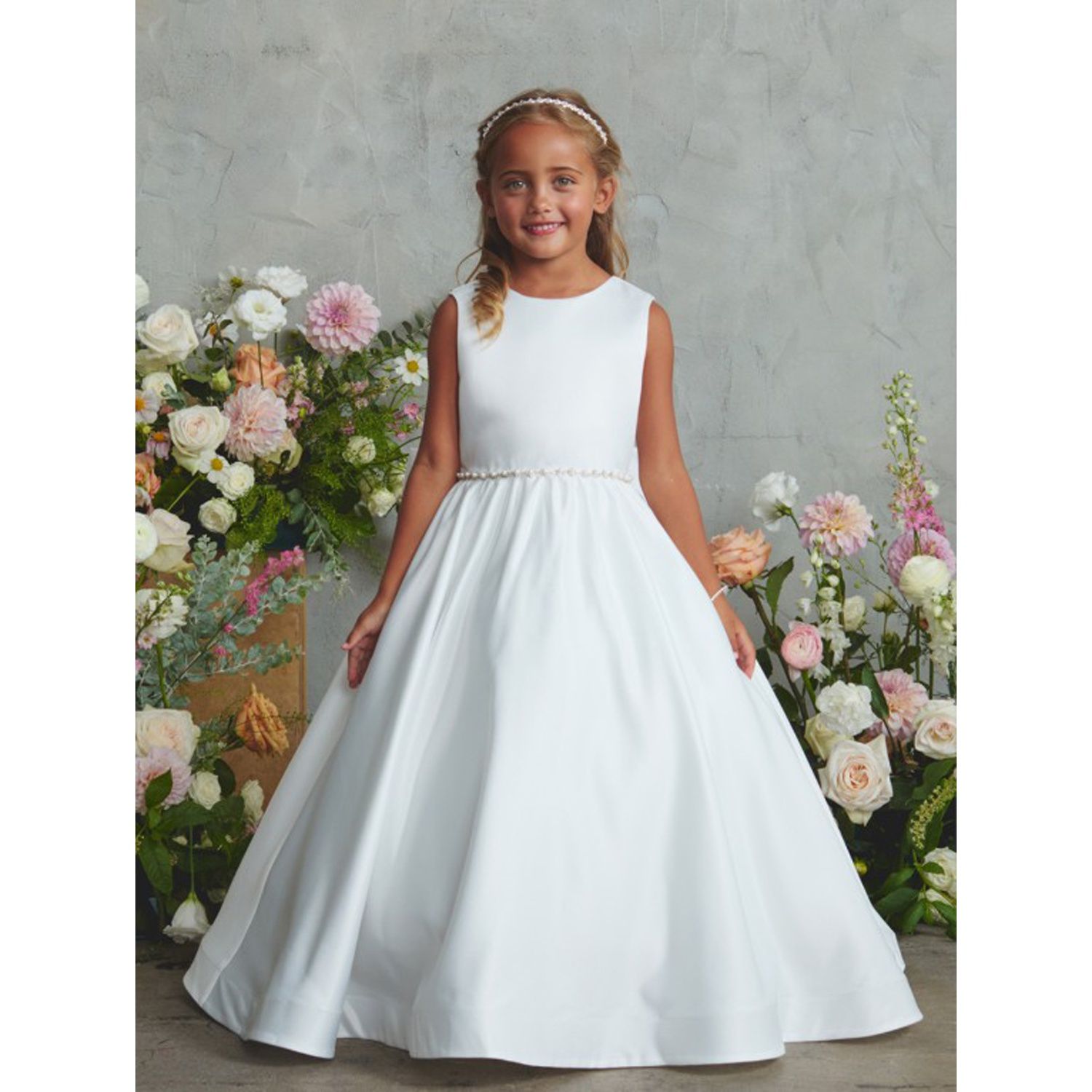 IVORY SATIN DRESS WITH PEARL /RHINESTONE BELT BOW / 5900