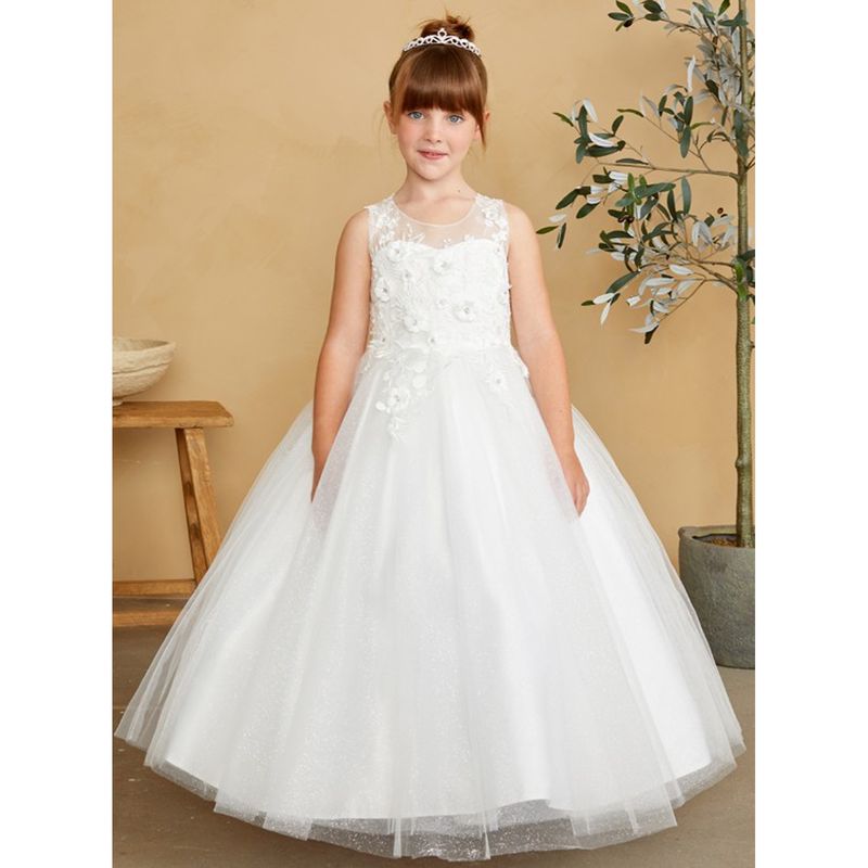 IVORY DRESS 3D FLORAL APPLIQUE GLITTER TULLE SKIRT / 7038 IVORY DRESS 3D FLORAL APPLIQUE GLITTER TULLE SKIRT / 7038