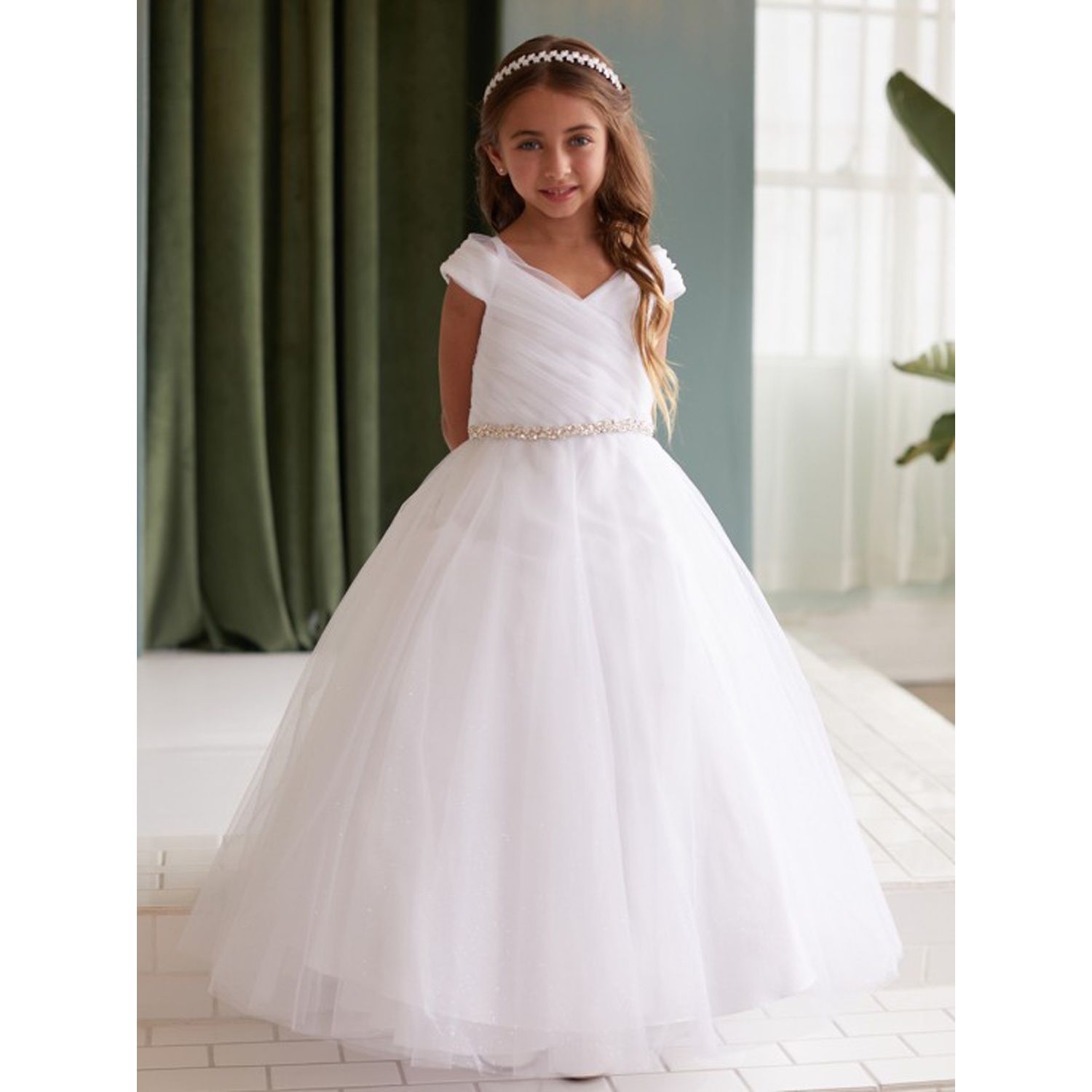 IVORY GLITTER TULLE DRESS PLEATED BODICE RHINESTONE BELT / 7043