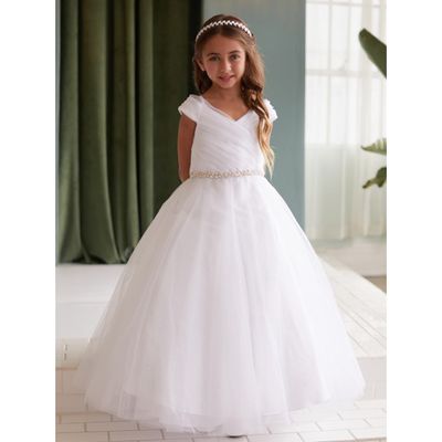 IVORY GLITTER TULLE DRESS PLEATED BODICE RHINESTONE BELT / 7043