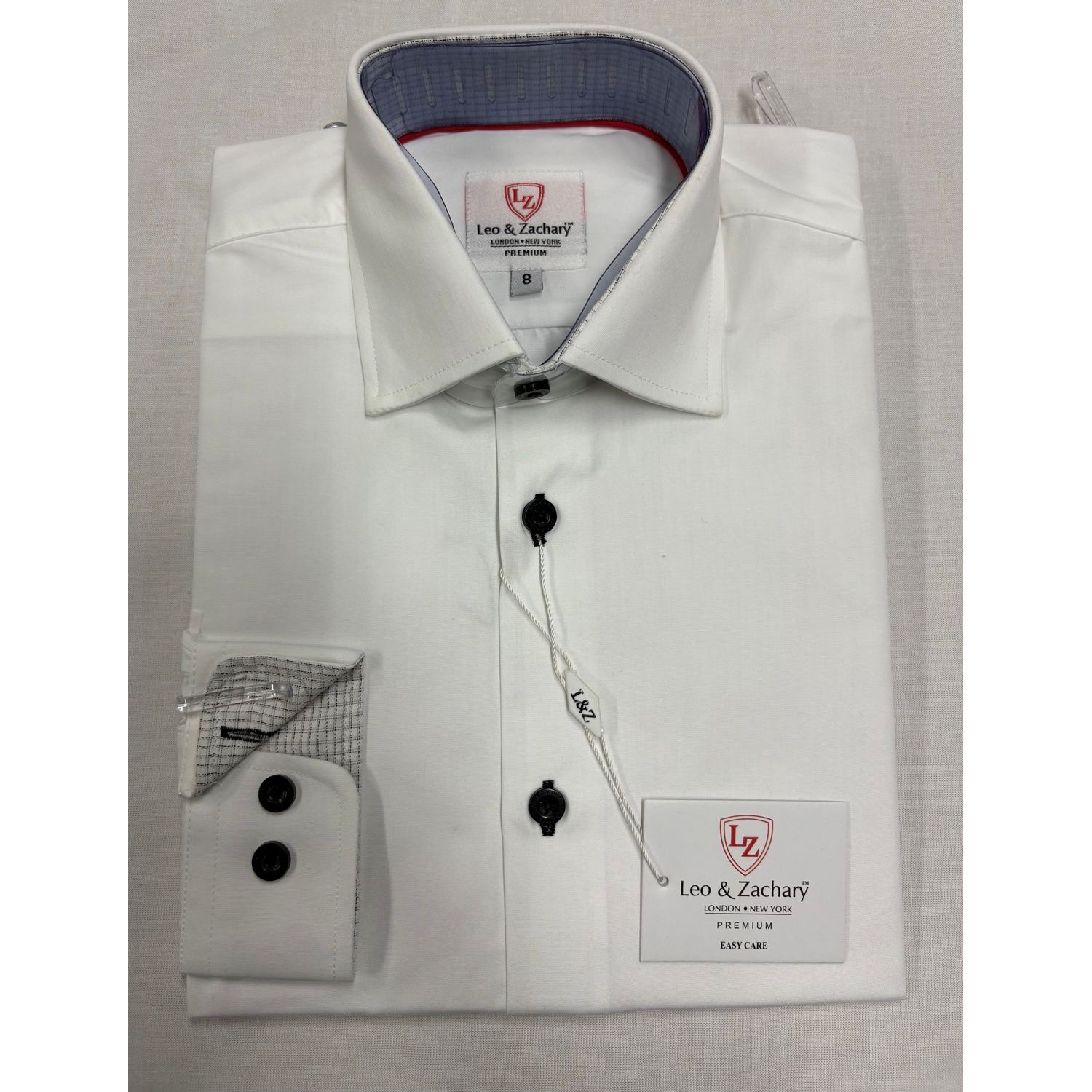 WHITE SHIRT WRINKLE FREE BLACK CHECK & BUTTONS TRIM / P-5544