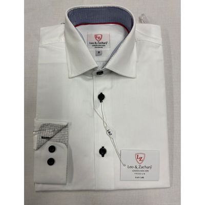 WHITE SHIRT WRINKLE FREE BLACK CHECK & BUTTONS TRIM / P-5544