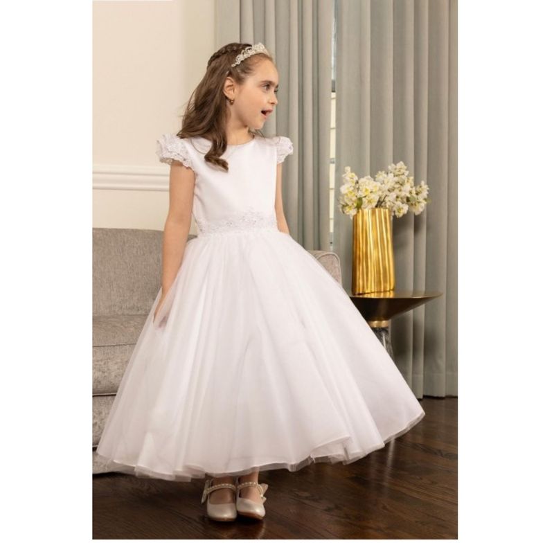 IVORY DRESS SATIN & TULLE LACE RUFFLE CAP SLEEVE & WAISTTRIM / 82602 IVORY DRESS SATIN & TULLE LACE RUFFLE CAP SLEEVE & WAISTTRIM / 82602