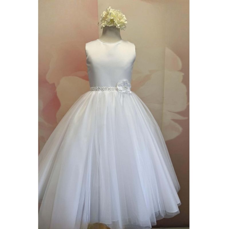 IVORY DRESS SATIN & TULLE BEADED WAIST TRIM & 3 D FLOWER SLEEVELESS / 82606X IVORY DRESS SATIN & TULLE BEADED WAIST TRIM & 3 D FLOWER SLEEVELESS / 82606X