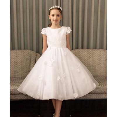 WHITE DRESS LACE BODICE SPARKLE SKIRT 3D FLOWERS CAP SLEEVE / 126601