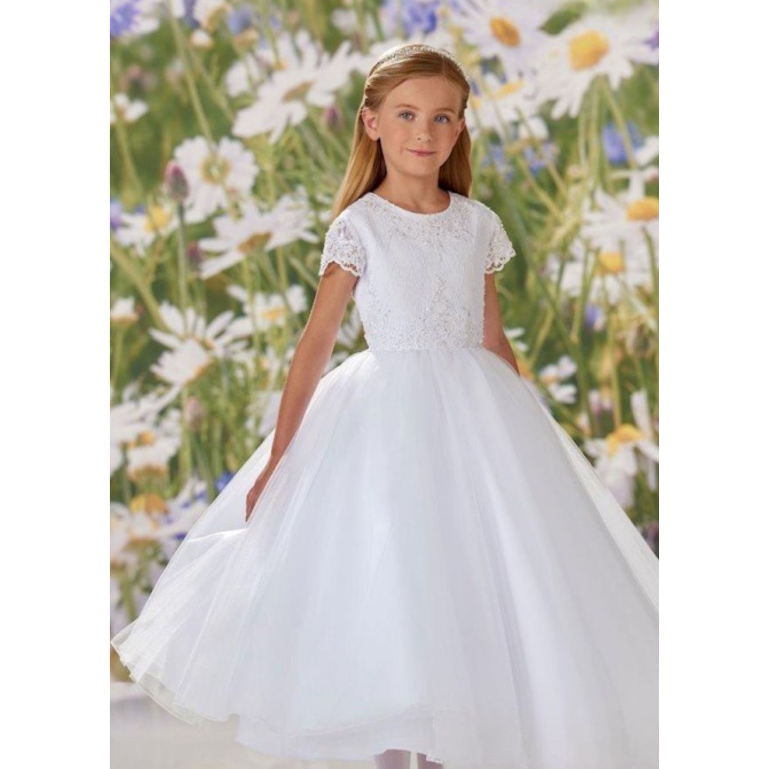 WHITE DRESS BEADED LACE BODICE TULLE SKIRT / 120356