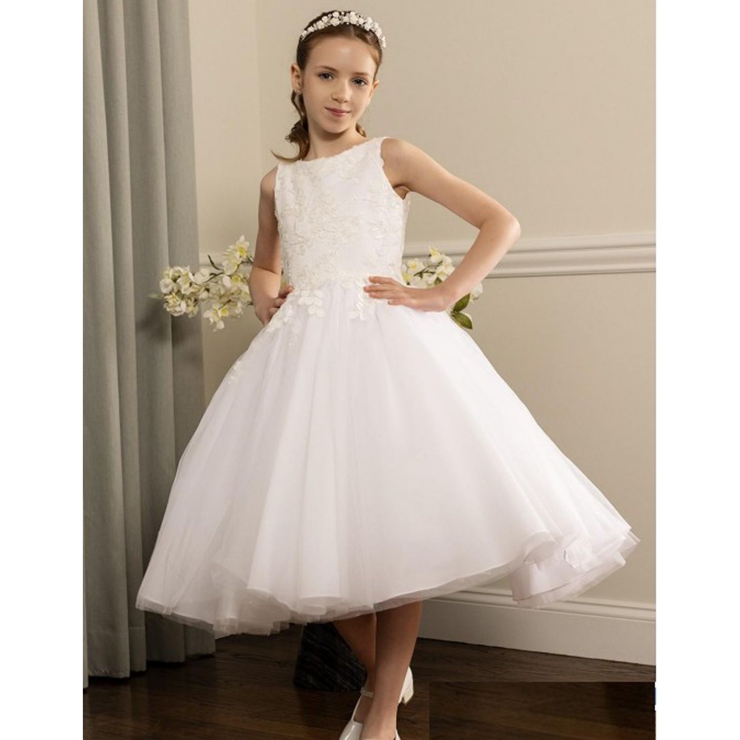 WHITE DRESS BEADED 3D LACE BODICE TULLE SKIRT / 126613