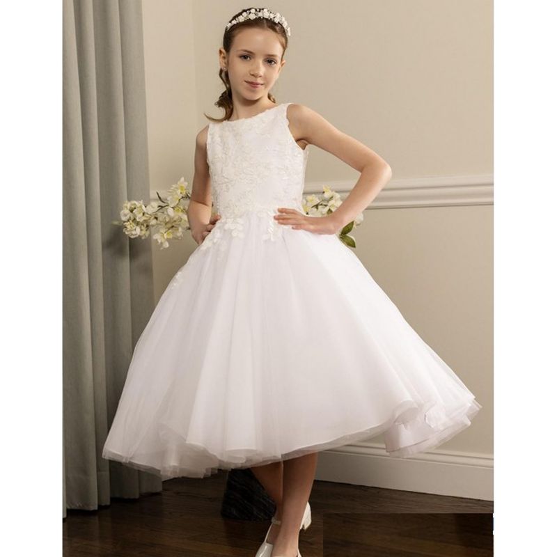 WHITE DRESS BEADED 3D LACE BODICE TULLE SKIRT / 126613 WHITE DRESS BEADED 3D LACE BODICE TULLE SKIRT / 126613