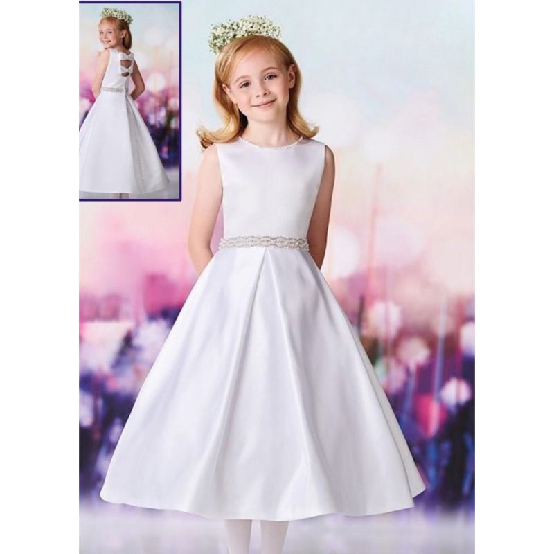 WHITE DRESS SATIN PLEATED WITH POCKET BEADED WAISTBAND BACK BOWS / 119382 WHITE DRESS SATIN PLEATED WITH POCKET BEADED WAISTBAND BACK BOWS / 119382