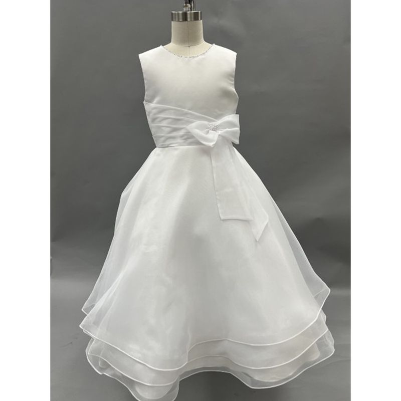 WHITE DRESS LAYERED ORGANZA BOW AT WAIST / 121306 WHITE DRESS LAYERED ORGANZA BOW AT WAIST / 121306