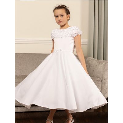 WHITE DRESS CAP SLEEVE 3D FLOWERS NECKLINE ORGANZA OVER SATIN AND POCKET / 126603