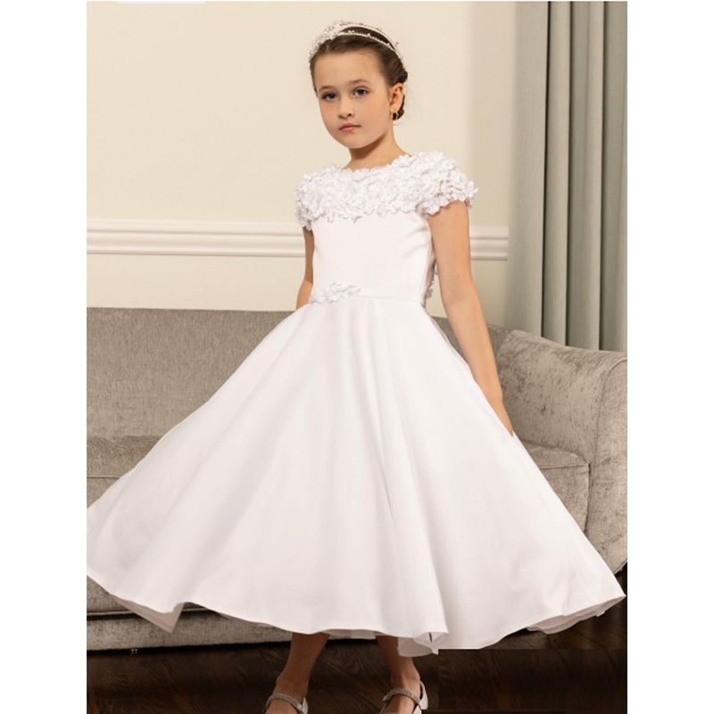 WHITE DRESS CAP SLEEVE 3D FLOWERS NECKLINE ORGANZA OVER SATIN AND POCKET / 126603 WHITE DRESS CAP SLEEVE 3D FLOWERS NECKLINE ORGANZA OVER SATIN AND POCKET / 126603