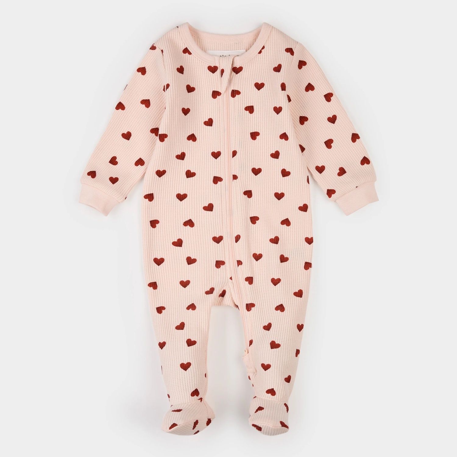 LIGHT PINK FOOTED SLEEPER RED HEARTS PRINT 2 WAY CLOSURE WAFFLE EFFECT / 26SRS10P01B-LPK