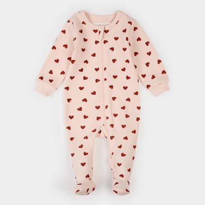 LIGHT PINK FOOTED SLEEPER RED HEARTS PRINT 2 WAY CLOSURE WAFFLE EFFECT / 26SRS10P01B-LPK