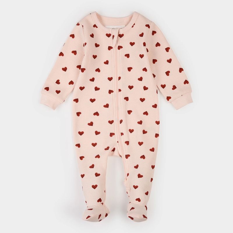 LIGHT PINK FOOTED SLEEPER RED HEARTS PRINT 2 WAY CLOSURE WAFFLE EFFECT / 26SRS10P01B-LPK