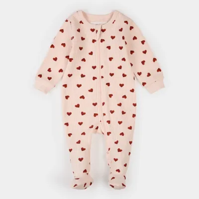 LIGHT PINK FOOTED SLEEPER RED HEARTS PRINT 2 WAY CLOSURE WAFFLE EFFECT / 26SRS10P01B-LPK