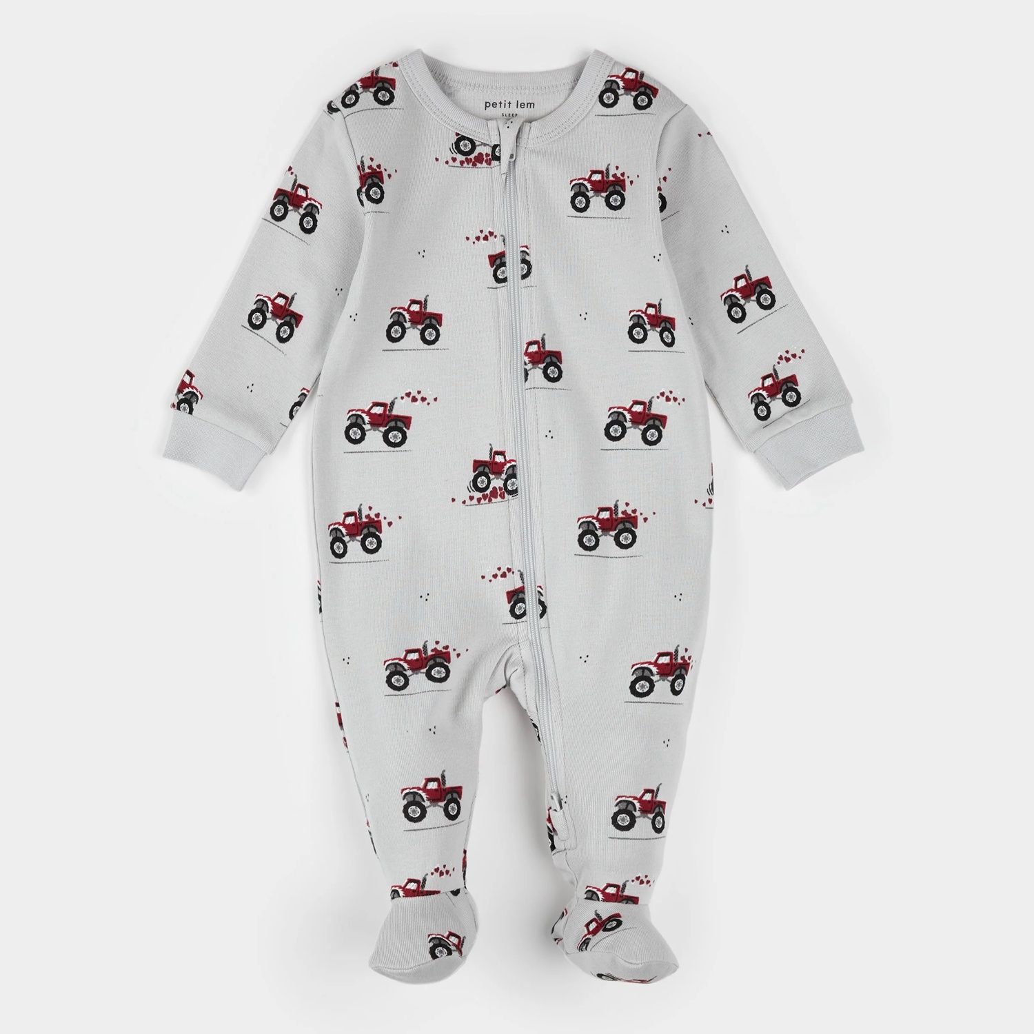 LIGHT GREY FOOTED SLEEPER RED TRUCK PRINT 2 WAY ZIPPER / 26SRS10O04B