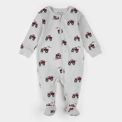 LIGHT GREY FOOTED SLEEPER RED TRUCK PRINT 2 WAY ZIPPER / 26SRS10O04B