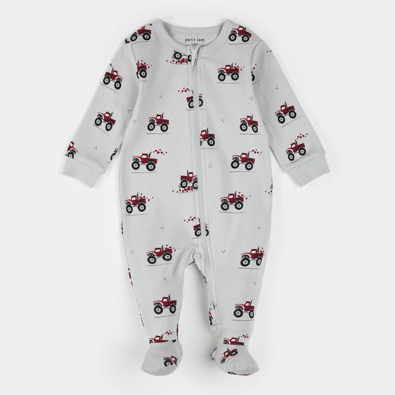 LIGHT GREY FOOTED SLEEPER RED TRUCK PRINT 2 WAY ZIPPER / 26SRS10O04B