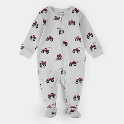 LIGHT GREY FOOTED SLEEPER RED TRUCK PRINT 2 WAY ZIPPER / 26SRS10O04B
