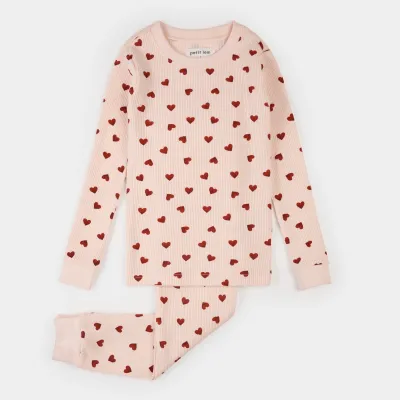 LIGHT PINK 2PC PYJAMA SET RED HEART PRINT KNIT WAFFLE EFFECT / 26SRS10Q0S