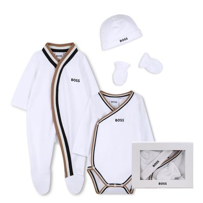 4PC WHITE BODYSUIT/SLEEPER/HAT/MITTEN GIFT BOX BLCK & BRWN STRIPE TRIM / J53055-10P