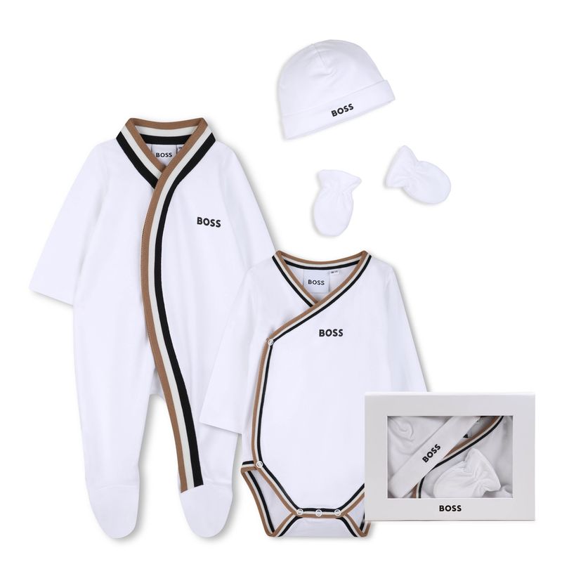4PC WHITE BODYSUIT/SLEEPER/HAT/MITTEN GIFT BOX BLCK & BRWN STRIPE TRIM / J53055-10P