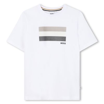 WHITE SHORT SLEEVE TSHIRT BEIGE & BLCK STRIPE TRIM / J52979-10P