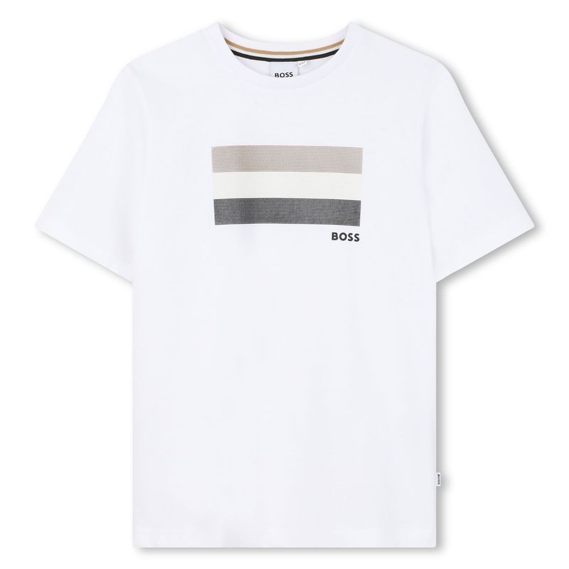 WHITE SHORT SLEEVE TSHIRT BEIGE & BLCK STRIPE TRIM / J52979-10P