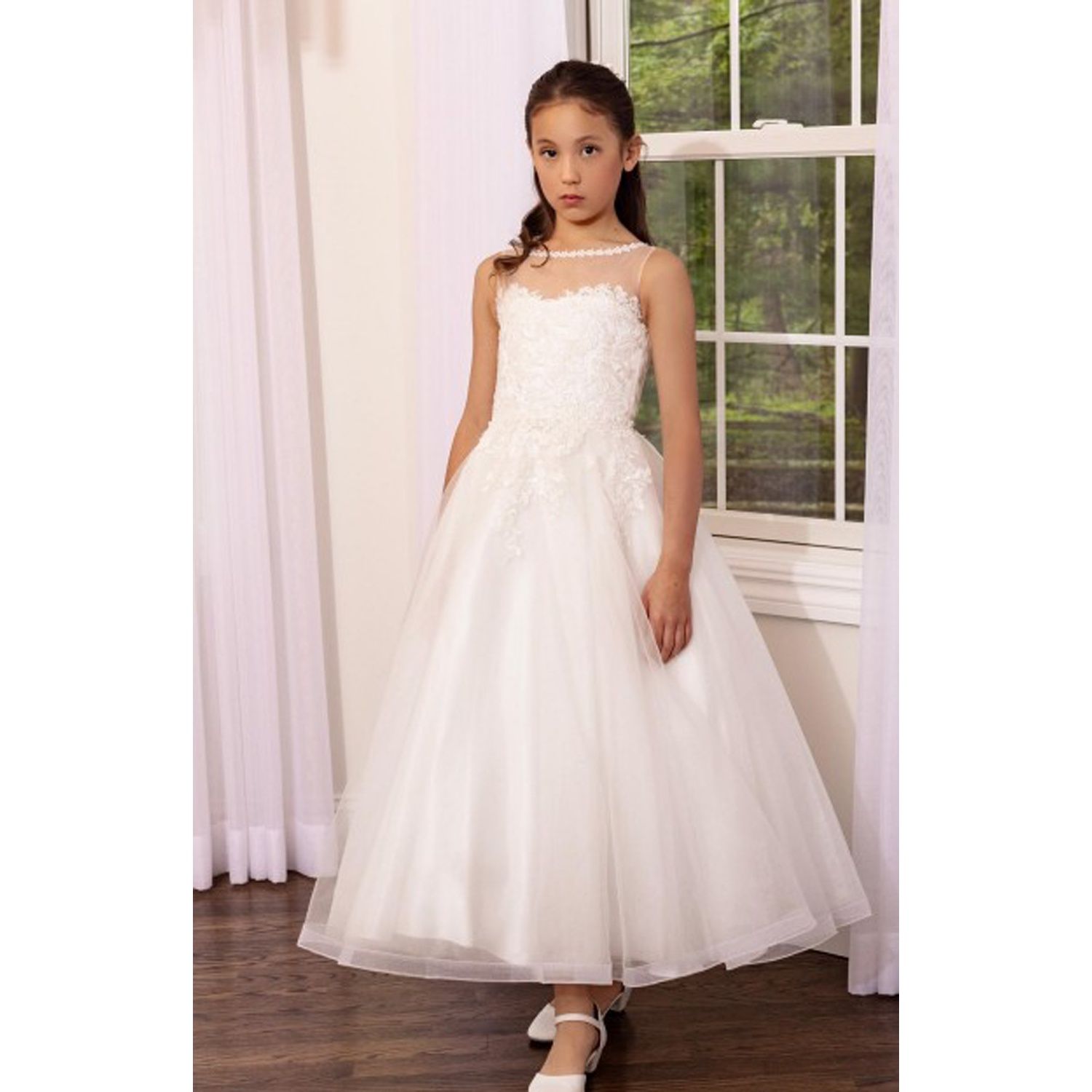 DIAMOND WHITE DRESS BEADED LACE ILLUSION NECKLINE CHIFFON BELTI AT BACK / 414