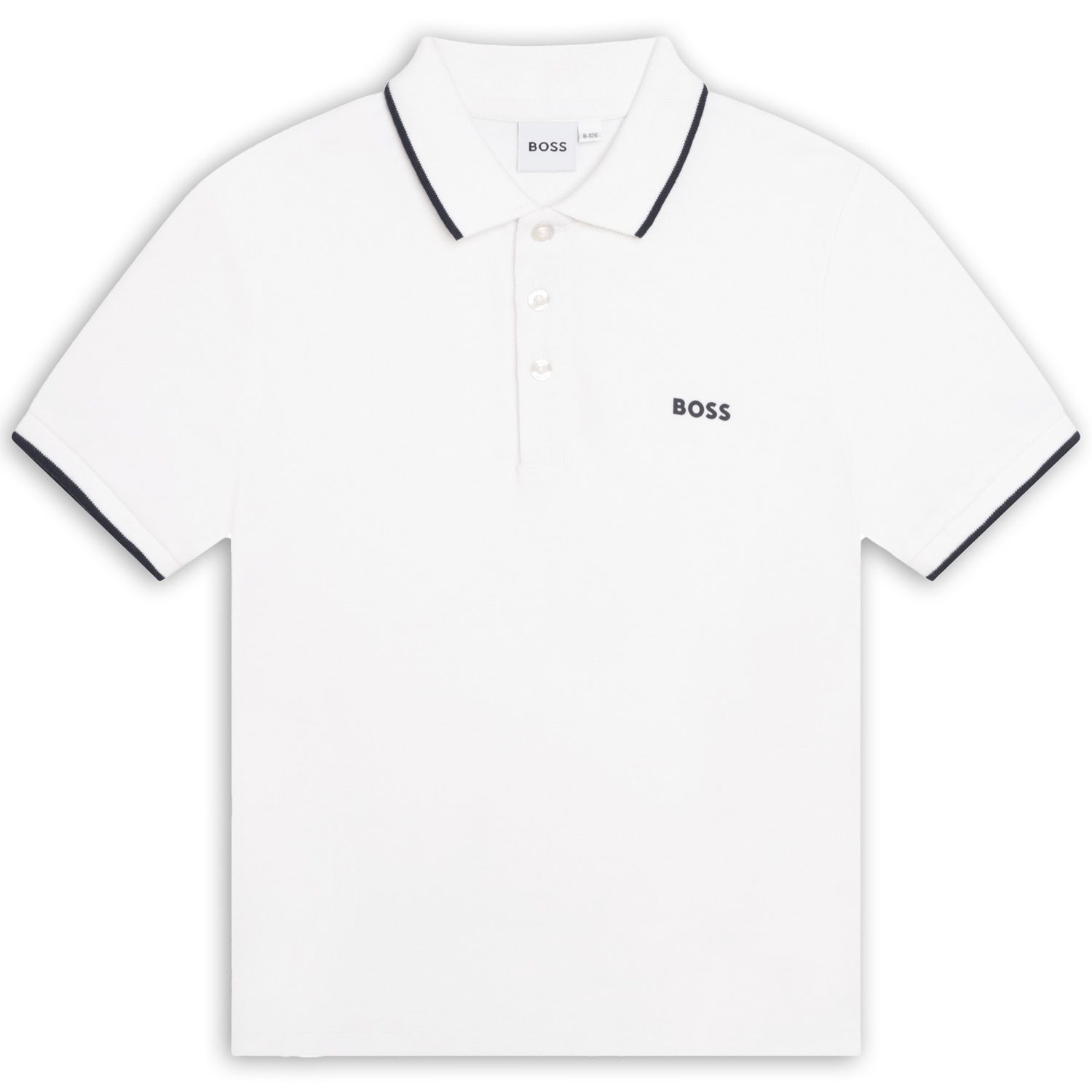 WHITE POLO TSHIRT PIQUE BLK BOSS LOGO & TRIM SHORT SLEEVE / J25P26-10P