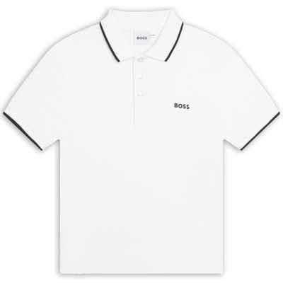 WHITE POLO TSHIRT PIQUE BLK BOSS LOGO & TRIM SHORT SLEEVE / J25P26-10P