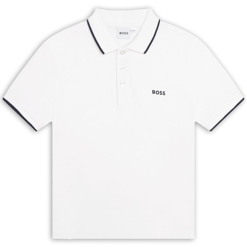 WHITE POLO TSHIRT PIQUE BLK BOSS LOGO & TRIM SHORT SLEEVE / J25P26-10P