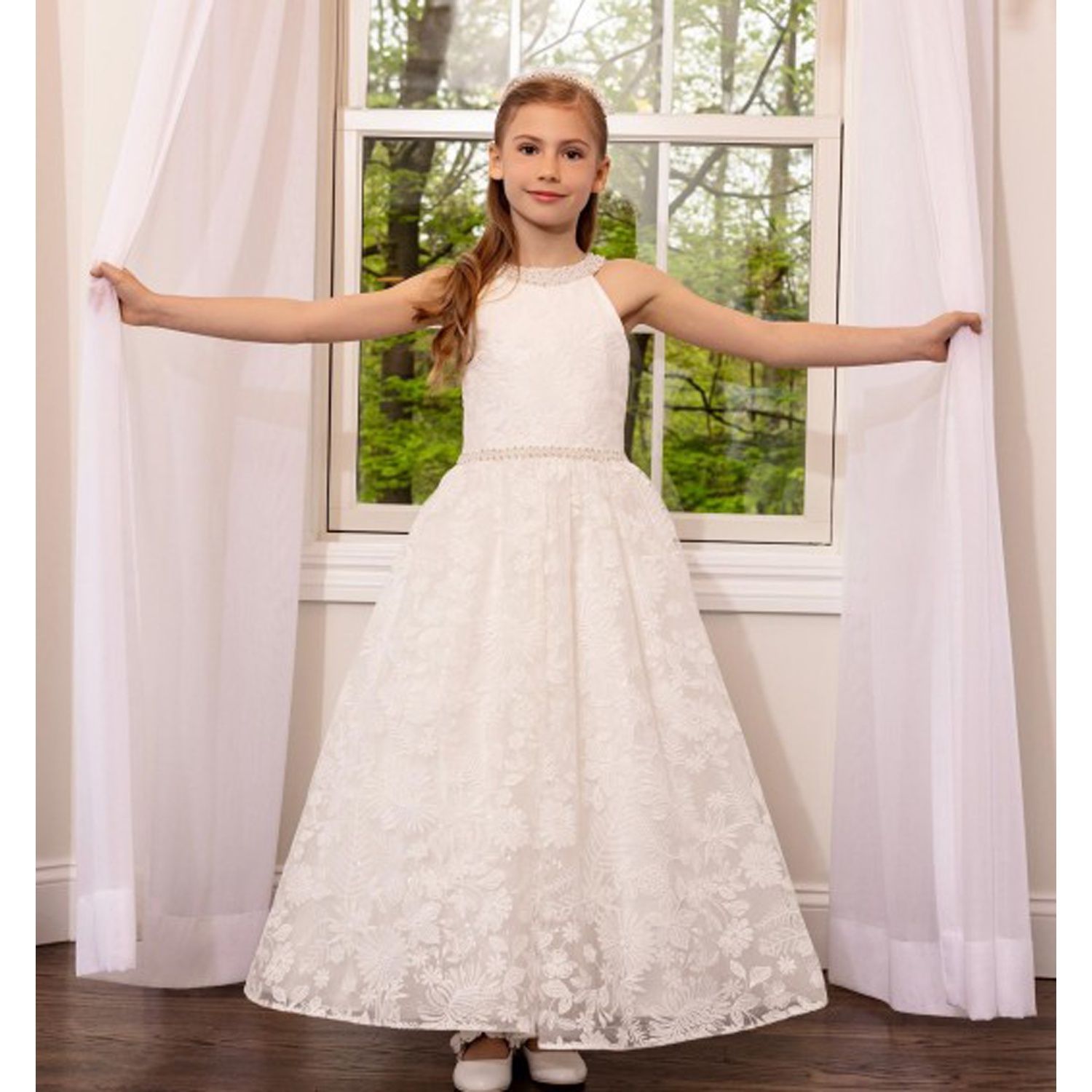 DIAMOND WHITE DRESS ALL LACE HALTER SPARKLY TULE SKIRT BEADED NECKLINE & WAIST / 19403