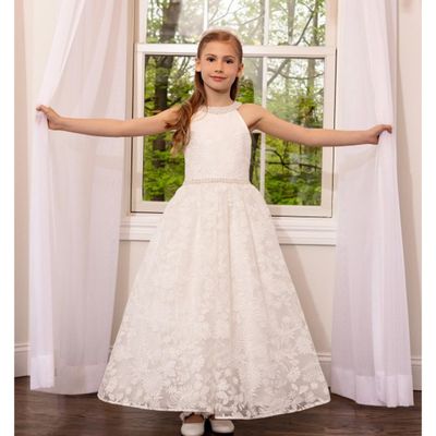 DIAMOND WHITE DRESS ALL LACE HALTER SPARKLY TULE SKIRT BEADED NECKLINE & WAIST / 19403