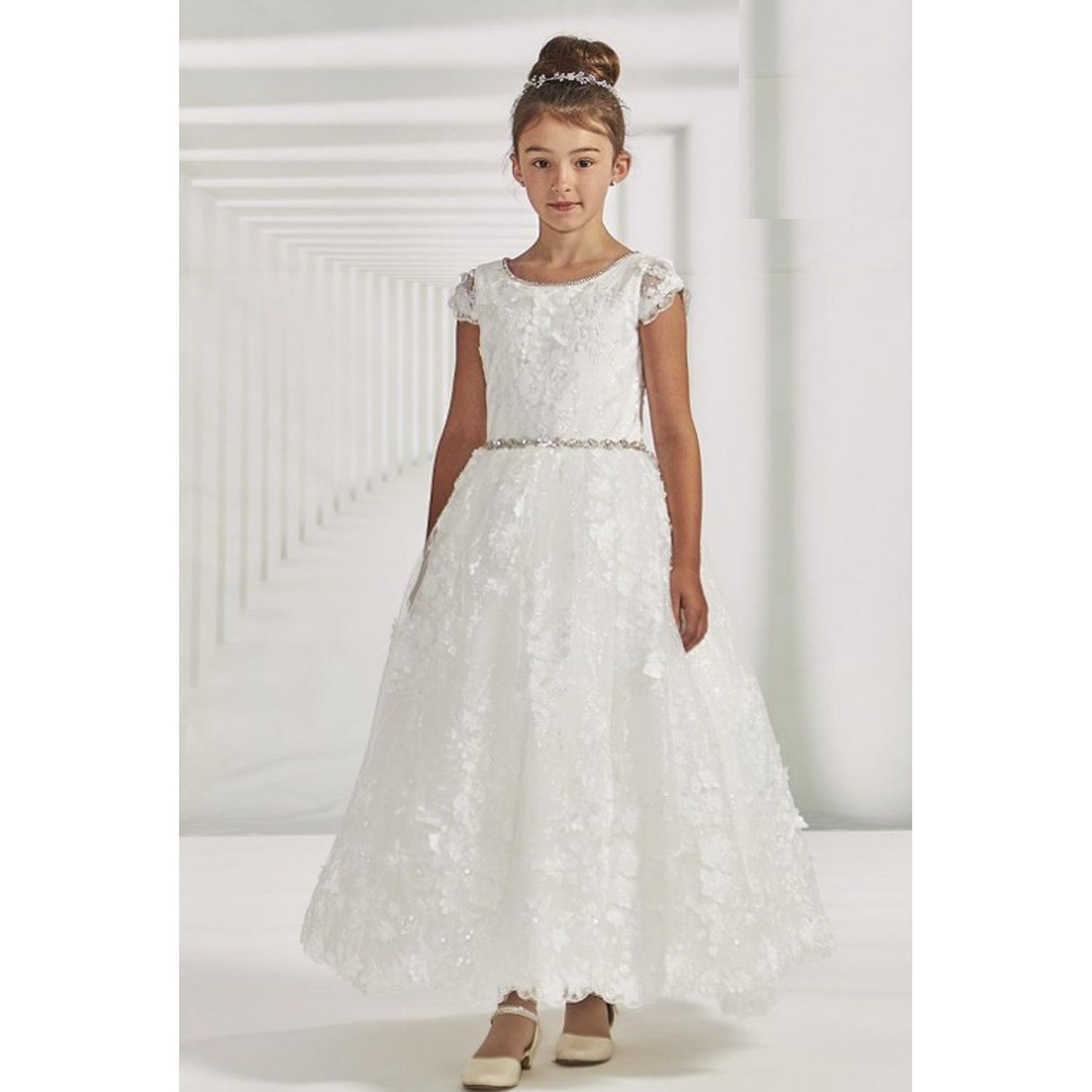DIAMOND WHITE DRESS 3D FLOWER LACE ALL OVER CRYSTAL TRIM NEC KLINE & BELT / 1978