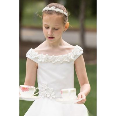 DIAMOND WHITE DRESS OFF THE SHOULDER 3D SATIN FLOWERS POCKETS / 1886