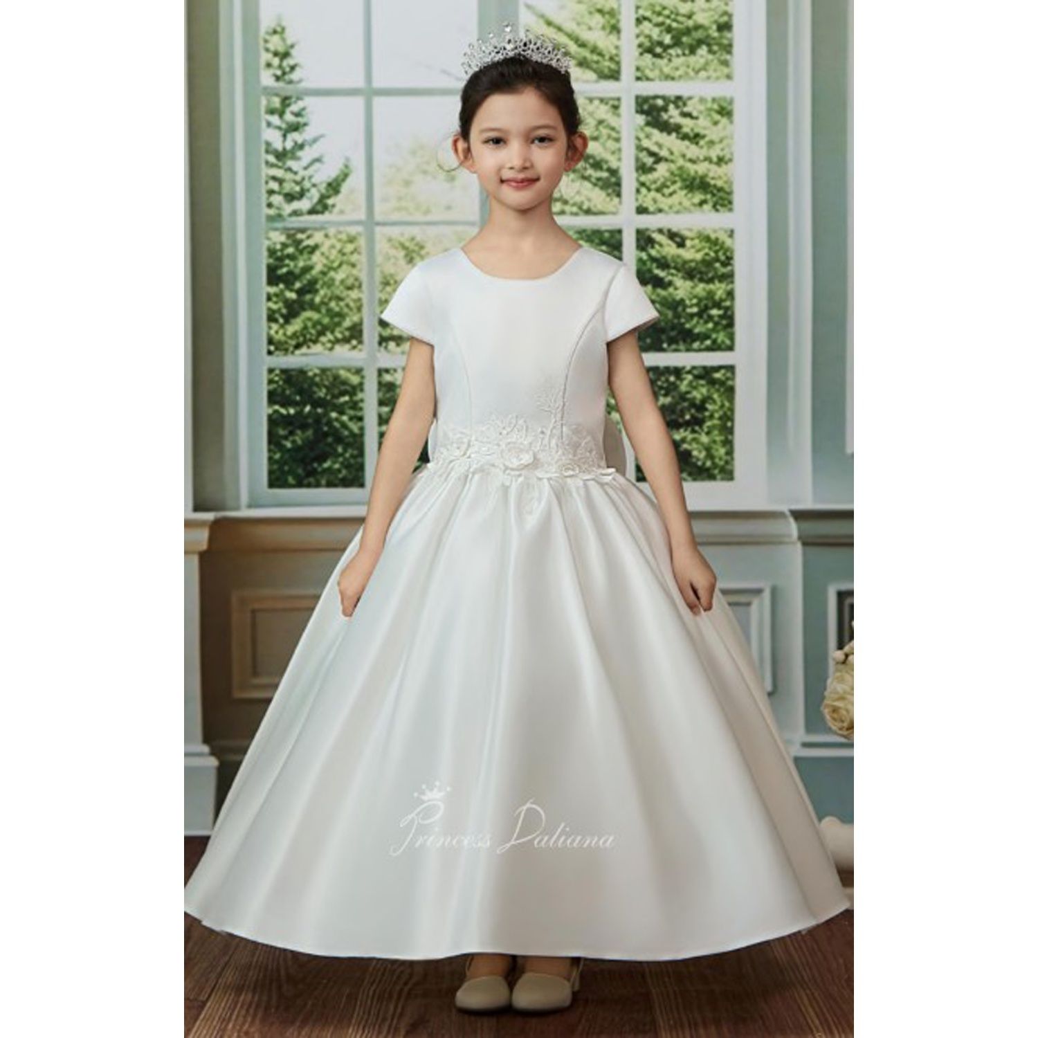 OFF WHITE DRESS SATIN CAP SLEEVE LACE FLOWERS ON WAIST / Z25213-1