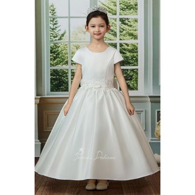OFF WHITE DRESS SATIN CAP SLEEVE LACE FLOWERS ON WAIST / Z25213-1