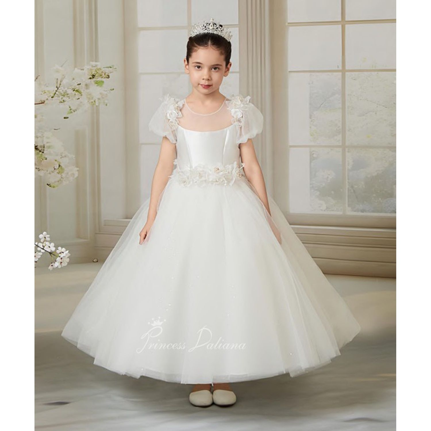 OFF WHITE DRESS MIKADO BODICE TULLE CAP SLEEVES & NECKLINE FLOWER SHOULDERS WITH BACK BOW / Z25191